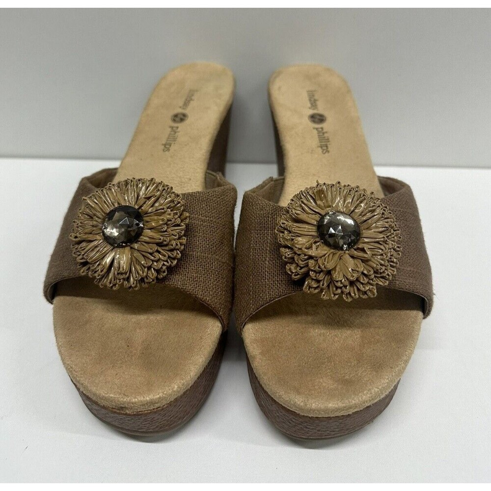 Lindsay Phillips Devon women size 8 brown wedge platform slip on snap on sandals